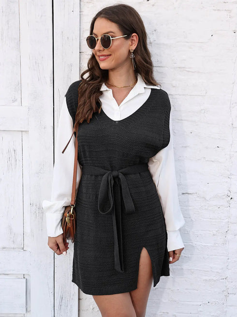 'Saira' V-Neck Sleeveless Sweater Dress - Celes Fashion